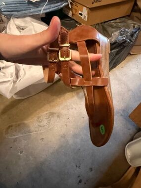 Brown Leather Strappy Women's Sandal with Gold Buckles